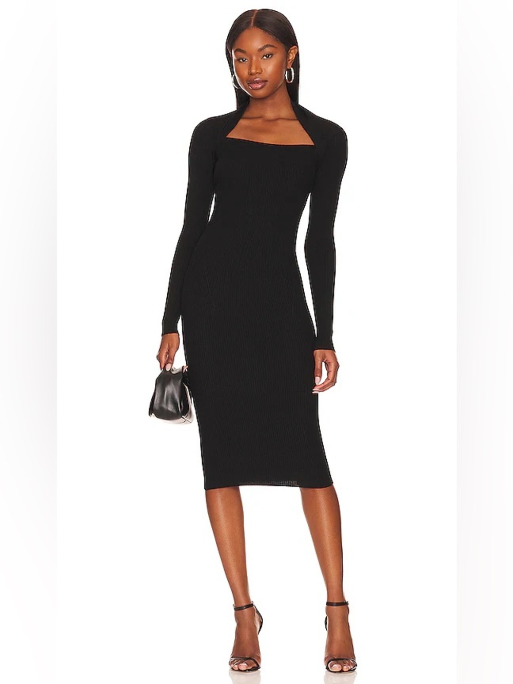 All Saints Rea Ribbed Long Sleeve Black Midi‎ Bodycon Dress size Medium